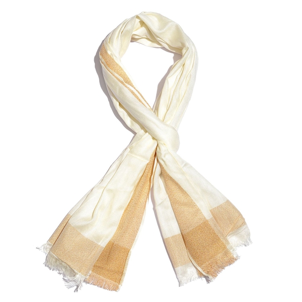 100% Modal Off White and Golden Colour Scarf with Fringes (Size 180X70 Cm)