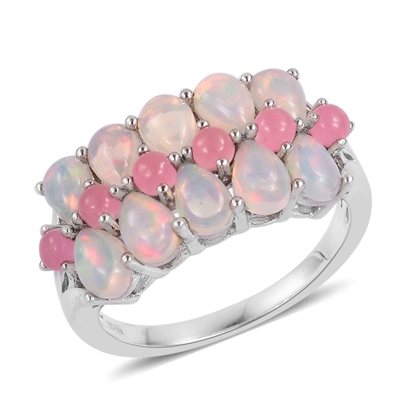 Ethiopian Welo Opal (Pear), Pink Jade Ring in Rhodium Plated Sterling Silver 4.250 Ct.