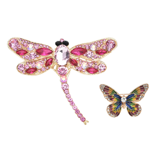 Set of 2 - Multi Colour Austrian Crystal and Pink Glass Enamelled Brooch in Yellow Gold Tone - Drago
