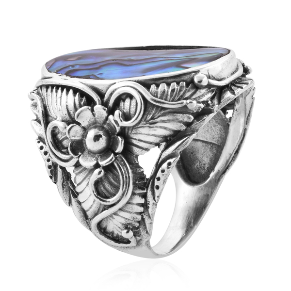 Royal Bali Collection Abalone Shell Floral Ring in Oxidised Sterling Silver, Silver wt 9.61 Gms.