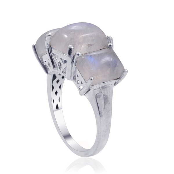 Rainbow Moonstone 3 Stone Ring in Platinum Overlay Sterling Silver 7.000 Ct.
