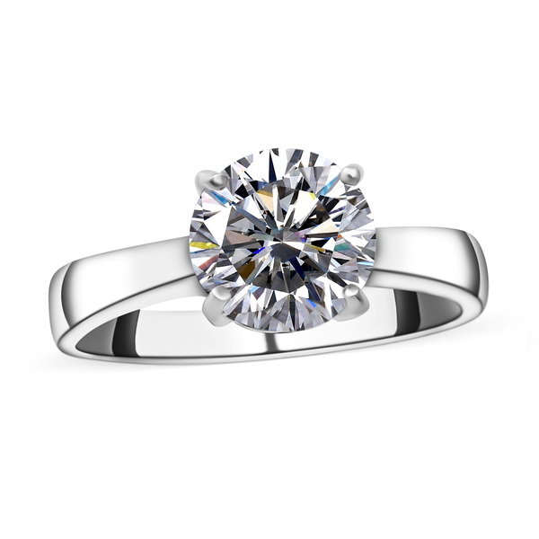 Moissanite Round Solitaire 100 Faceted Ring in Rhodium Overlay Sterling Silver