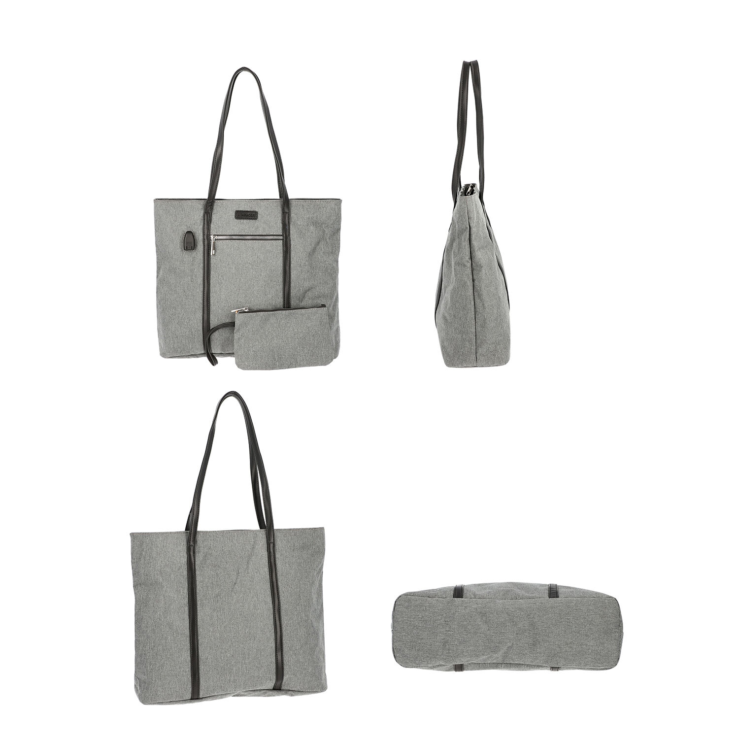 Multi Purpose Zipper Closure Tote Bag (40x13x35cm) with Wristlet (20x12cm) and Power Bank - Grey