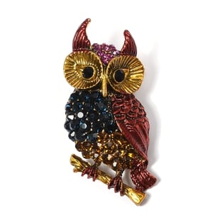Multi Color Crystal Owl on Branch Brooch in Gold Plated