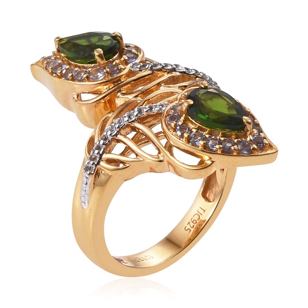 Stefy Chrome Diopside (Pear), Tanzanite, Pink Sapphire and White Topaz Crossover Ring in 14K Gold Overlay Sterling Silver 2.250 Ct.