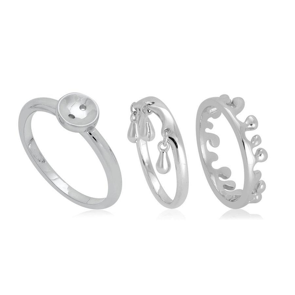 Set of 3 - LucyQ Button, Triple Drip and Ocean Wave Ring in Rhodium Plated Sterling Silver