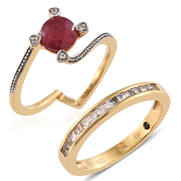 GP African Ruby (Rnd 1.62 Ct), White Topaz and Kanchanaburi Blue Sapphire 2 Ring Set in 14K Gold Overlay Sterling Silver 2.500 Ct. Silver wt 5.97 Gms.