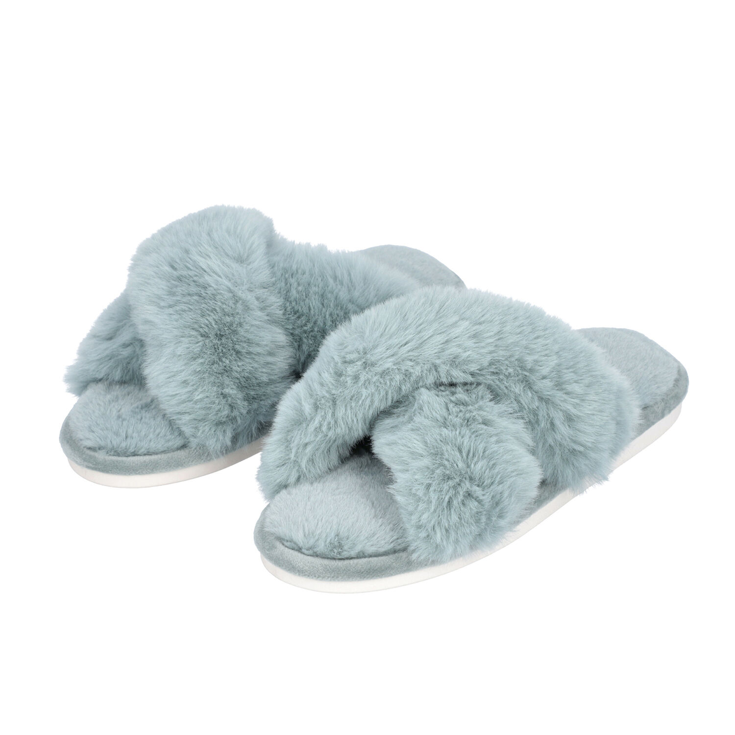 Super Soft Cross Band Faux Fur Slippers (Size L: 7-8) - Blue