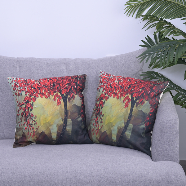 Set of 2 - Floral Tree Pattern Cushion Covers (Size 45 Cm) - Red & Multi