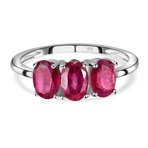 African Ruby (FF) Trilogy Ring in Platinum Overlay Sterling Silver 2.09 Ct.