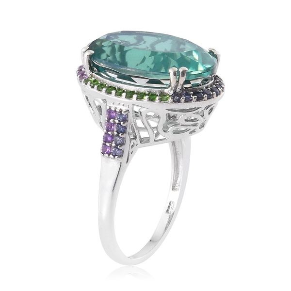 Peacock Quartz (Ovl 16.00 Ct), Chrome Diopside, Amethyst and Iolite Ring in Platinum Overlay Sterling Silver 16.520 Ct.