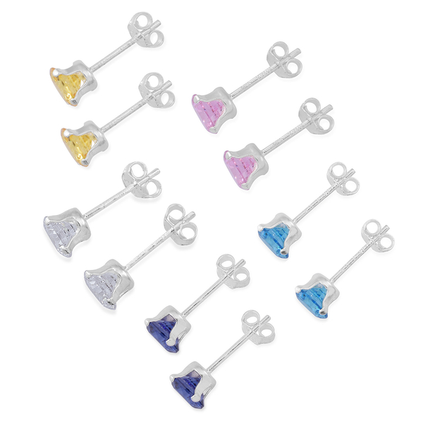 ELANZA Set of 5 - AAA Simulated Pink Sapphire (Rnd), Simulated Tanzanite, Simulated Yellow Sapphire,Simulated Neon Apatite and Simulated Diamond Stud Earrings (with Push Back) in Sterling Silver
