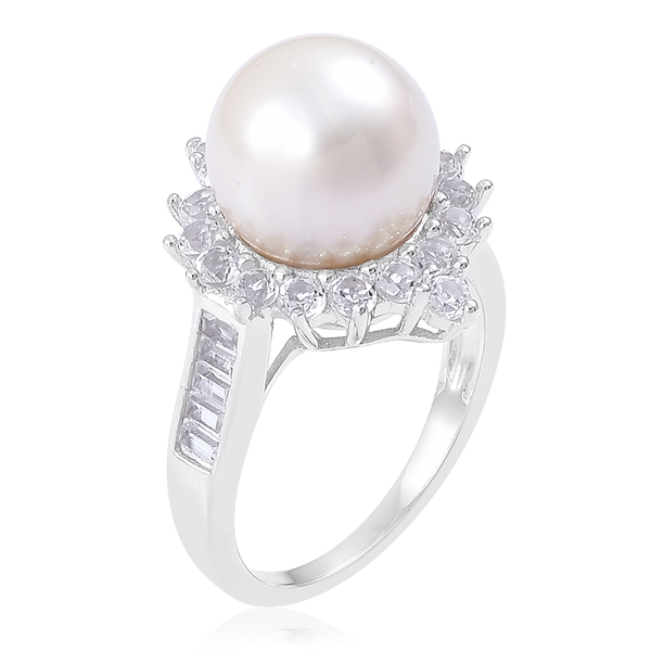 South Sea White Pearl (Rnd 11-12mm), White Topaz Ring in Rhodium Plated Sterling Silver