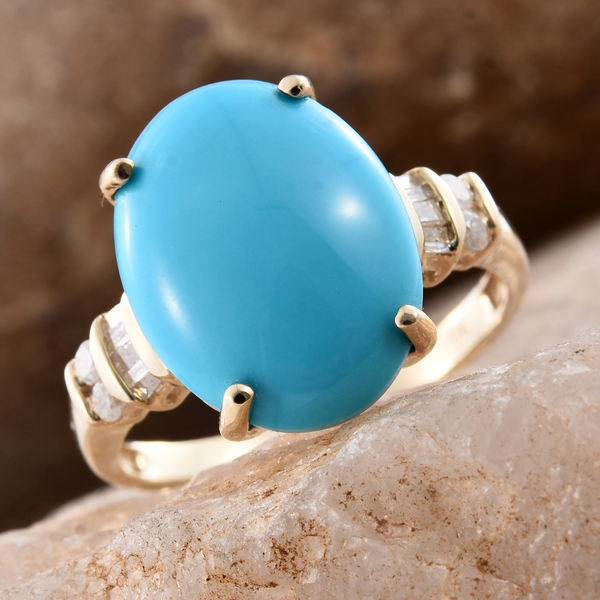 9K Y Gold AAA Arizona Sleeping Beauty Turquoise (Ovl 6.55 Ct), Diamond Ring 6.750 Ct.