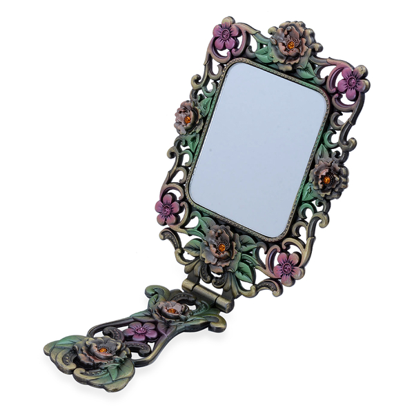 Multi Colour Enameled Floral and Peacock Pattern Foldable Compact Mirror in Gold Tone with Simulated Stone