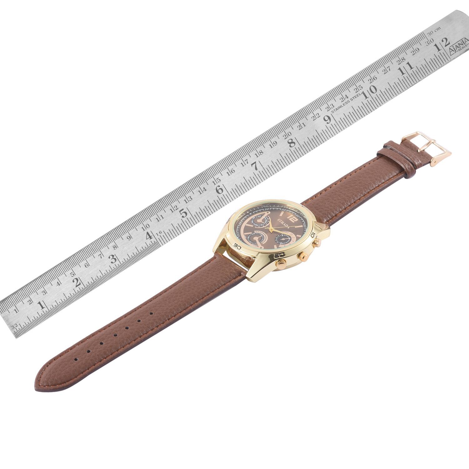 STRADA Japanese Movement Chronograph Look Chocolate Dial Water Resistant Watch in Gold Tone with Stainless Steel Back and Chocolate Strap