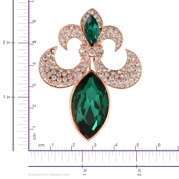Green Glass and White Austrian Crystal Fleur De Lis Scarf Clip or Brooch in Rose Gold Tone
