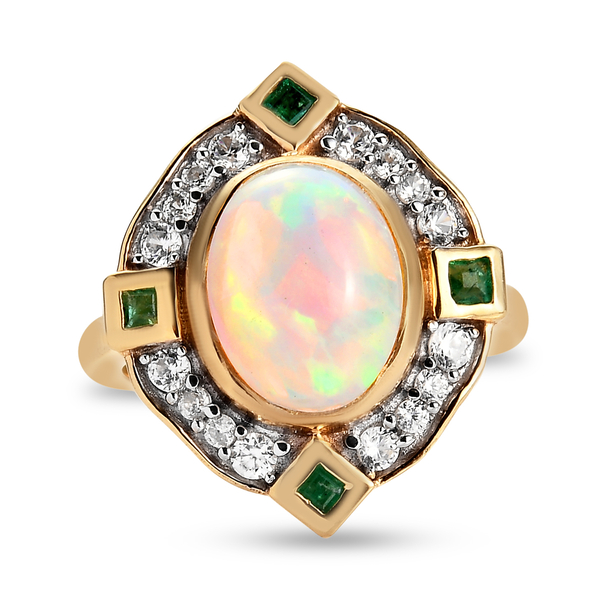 Ethiopian Welo Opal, Emerald and Natural Cambodian Zircon Ring in 14K Gold Overlay Sterling Silver 2