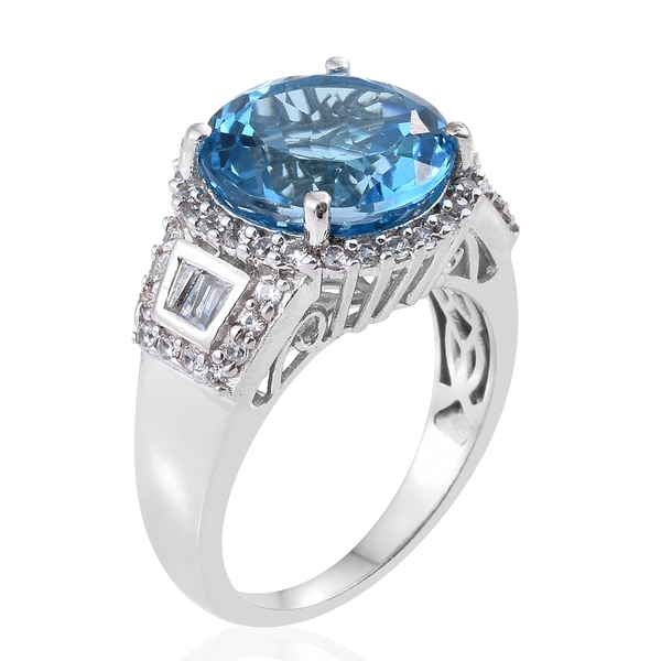 Marambaia Topaz (Rnd 10.25 Ct), Natural Cambodian Zircon Ring in Platinum Overlay Sterling Silver 11.500 Ct. Silver wt 6.18 Gms.