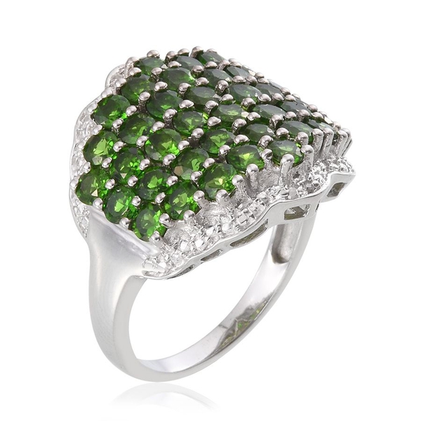 Chrome Diopside (Rnd), Diamond Cluster Ring in Platinum Overlay Sterling Silver 4.780 Ct.