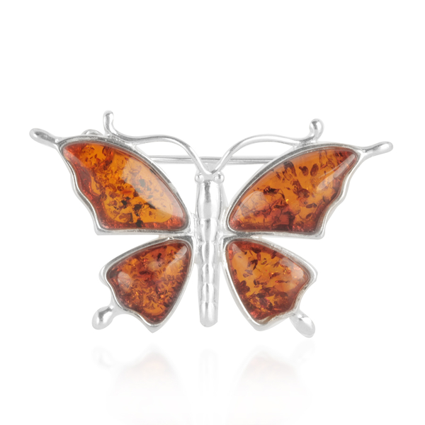 Baltic Amber Butterfly Brooch in Sterling Silver