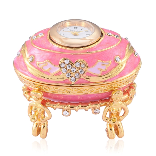 AAA White Austrian Crystal Studded Rose Pink and Light Pink Enameled Egg Shape Jewellery Box with a 