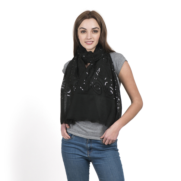 Limited Edition 100% Spanish Merino Wool Black Colour Scarf with Sequin (Size 180x70 Cm)