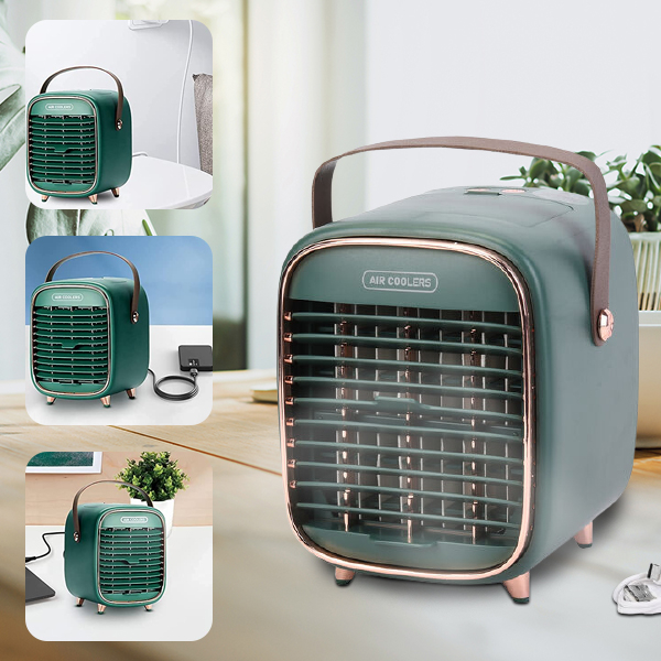 Retro Portable Cordless Air Cooling Fan with Mist Spray (Size 15x14x18cm) - Green