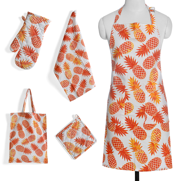 Kitchen Textiles White and Orange Colour Pineapple Printed Apron (Size 75x65 Cm), Glove (32x18 Cm), 