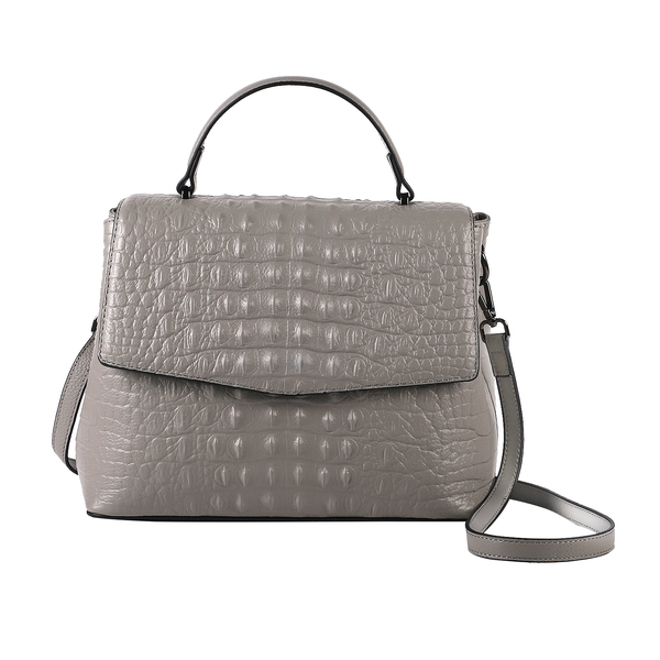 SENCILLEZ Genuine Leather Croc Embossed Convertible Bag with Long Strap - Light Grey
