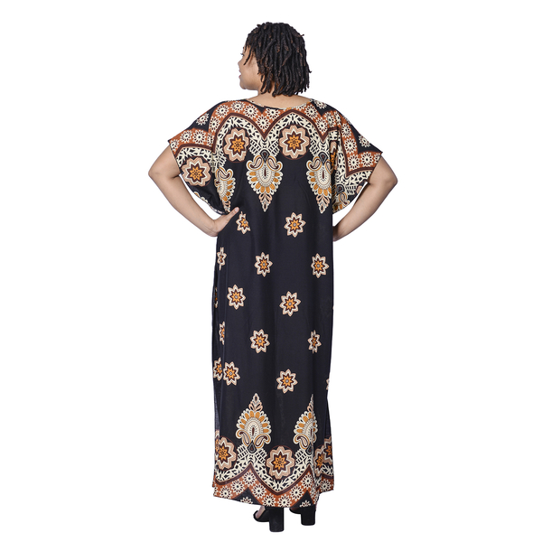 JOVIE Black Bohemian Style Printed Long Dress with Embroidered Neckline ( Up to Size 20 ) CB 54in