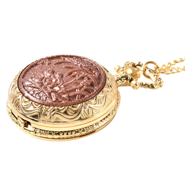 GENOA Japanese Movement Carved Gold Sandstone Water Resistant Pocket Watch with Chain in Gold Tone