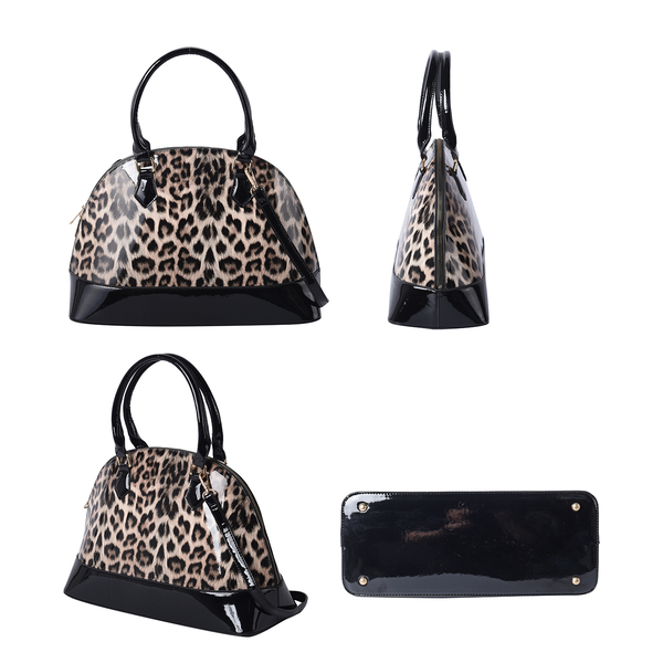 Leopard Pattern Patent Satchel Bag with Adjustable Shoulder Strap (37x26x25cm)