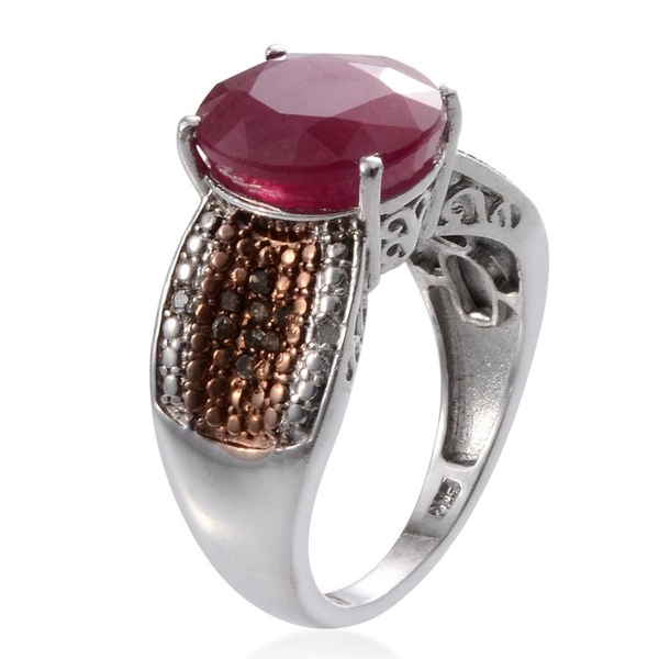 African Ruby (Ovl 6.25 Ct), Champagne and White Diamond Ring in Platinum Overlay Sterling Silver 6.400 Ct.