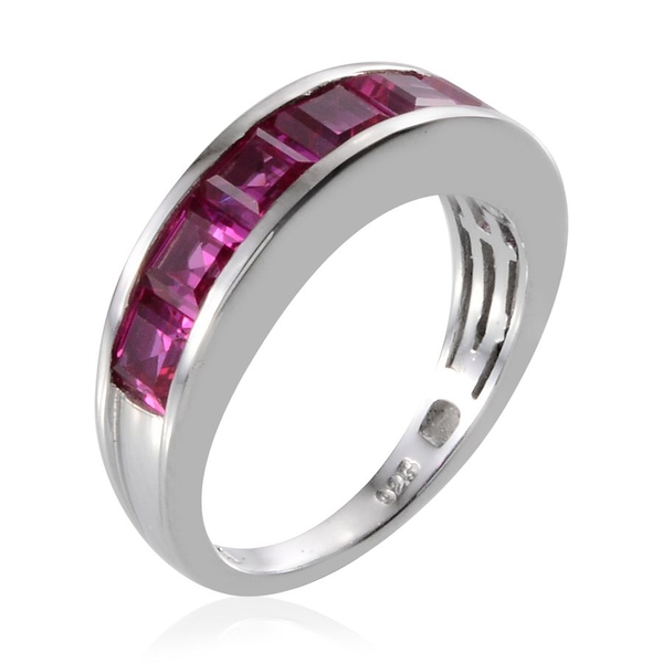 Simulated Ruby (Sqr) 7 Stone Band Ring in Platinum Overlay Sterling Silver 3.000 Ct.