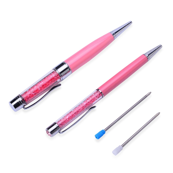 Set of 2 - Pink Crystals filled Pink Colour Pen (Black Ink), 1 Pen with 16GB USB and 2 Extra Refills