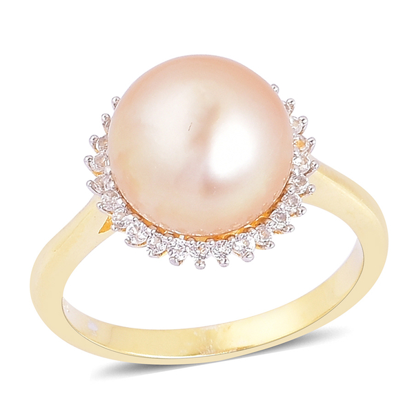 South Sea Golden Pearl (Rnd 10.5-11 mm), White Topaz Ring in Yellow Gold Overlay Sterling Silver