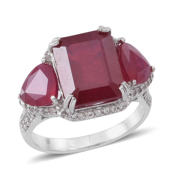 African Ruby (Oct 9.15 Ct), Natural Cambodian White Zircon Ring in Rhodium Plated Sterling Silver 12