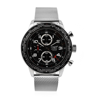 One Time Close Out Deal- Aviator Black Dial 10ATM Water Resistant Mens Watch with Silver Colour Mesh