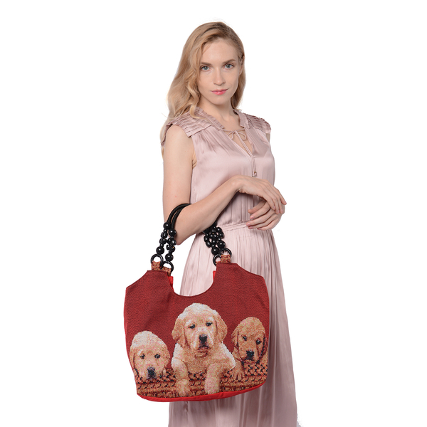Three-Dogs Pattern Jute Handbag (38x11x29cm) - Red