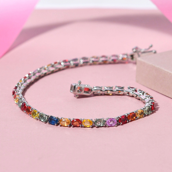 Multi Sapphire Bracelet (Size - 7.5) in Platinum Overlay Sterling Silver 10 Ct, Silver Wt. 8.00 Gms.