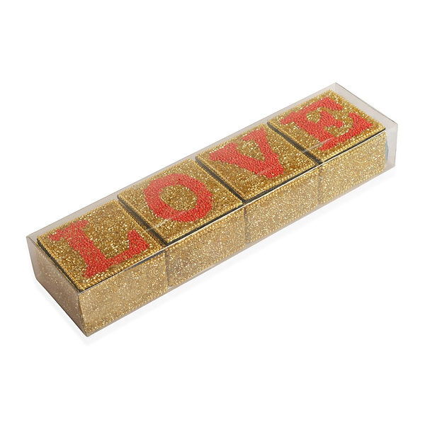 LOVE - Set of 4 - Handcrafted Golden and Red Beads Embellished Love Bling Box (Size 6.5X6.5X4 Cm)