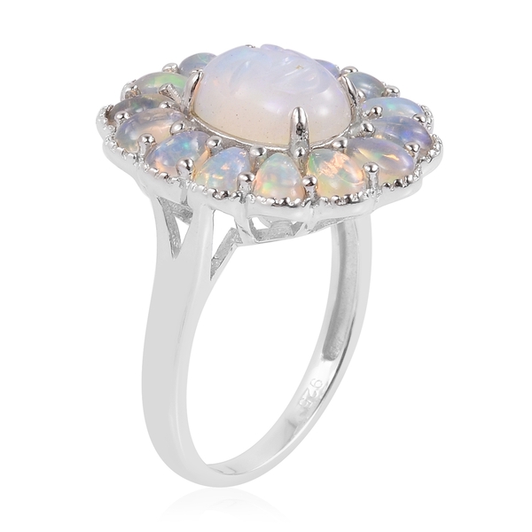 Smiling Face Carved Ethiopian Welo Opal (Ovl 1.50 Ct) Ring in Rhodium Plated Sterling Silver 3.400 Ct.