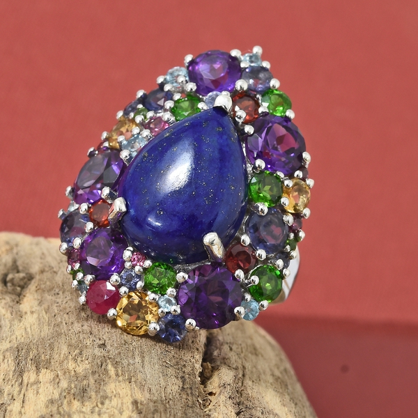 GP Lapis Lazuli (Pear 8.85 Ct), Amethyst and Multi Gemstone Ring in Platinum Overlay Sterling Silver 15.750 Ct, Silver wt 7.00 Gms.
