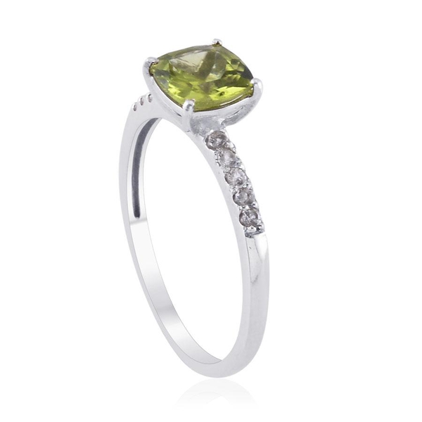 Hebei Peridot (Cush 1.25 Ct), White Topaz Ring in Platinum Overlay Sterling Silver 1.500 Ct.