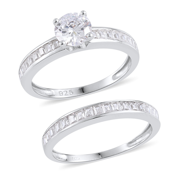 Set of 2 - AAA Simulated Diamond Ring in Rhodium Plated Sterling Silver