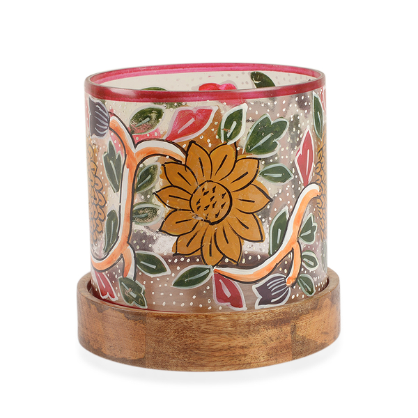 Yellow, Pink and Multi Colour Floral and Leaves Hand Painted Candle Stand with Wooden Base (Size 12.