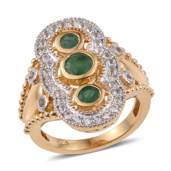 Kagem Zambian Emerald (Rnd 0.50 Ct), White Topaz Ring in 14K Gold Overlay Sterling Silver 1.500 Ct.