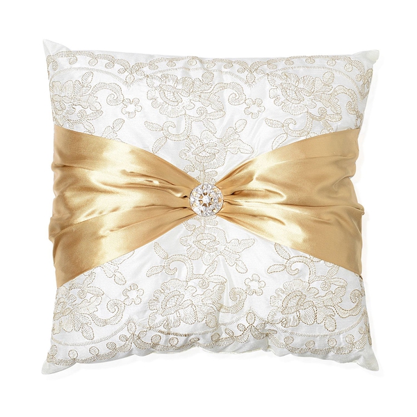 Golden Flowers Embroidered White Colour Cushion with Golden Colour Christmas Bowknot and Synthetic W