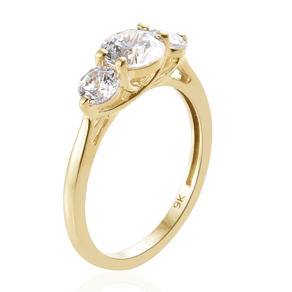 Lustro Stella - 9K Yellow Gold (Rnd 6 mm) Three Stone Ring Made with Finest CZ